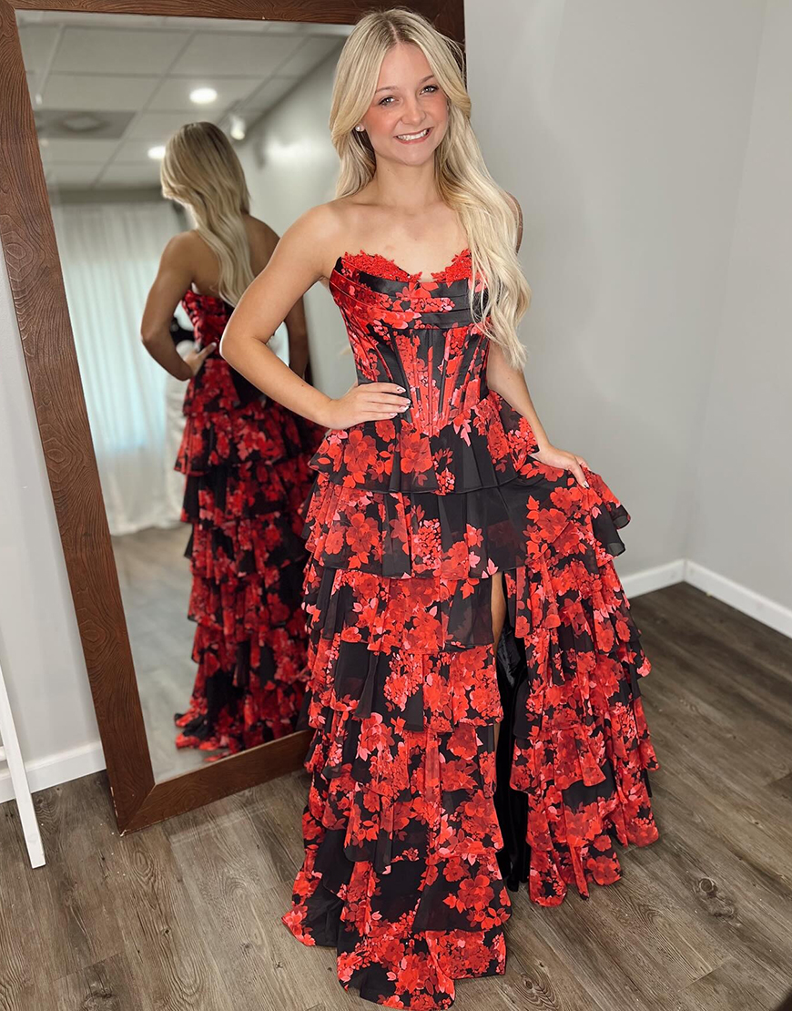 Floral Black Red A Line Strapless Tiered Corset Long Prom Dress with Slit