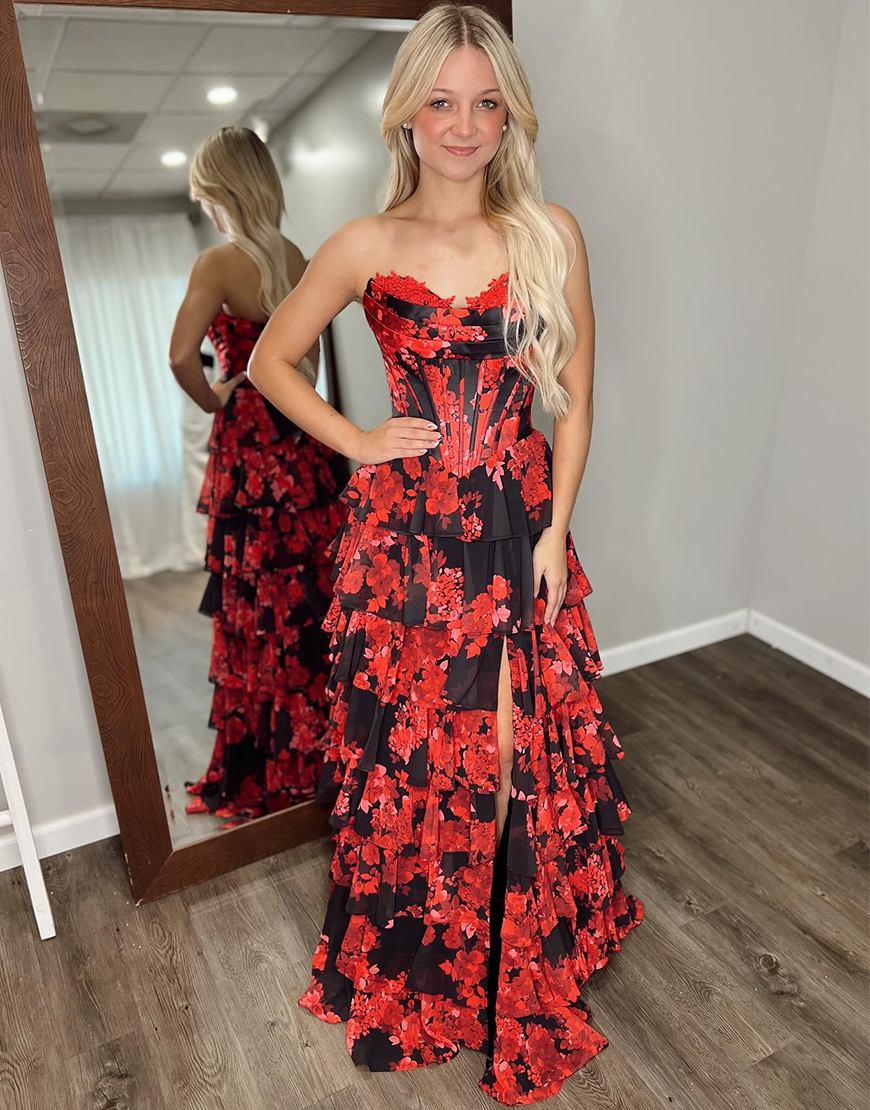 Floral Black Red A Line Strapless Tiered Corset Long Prom Dress with Slit