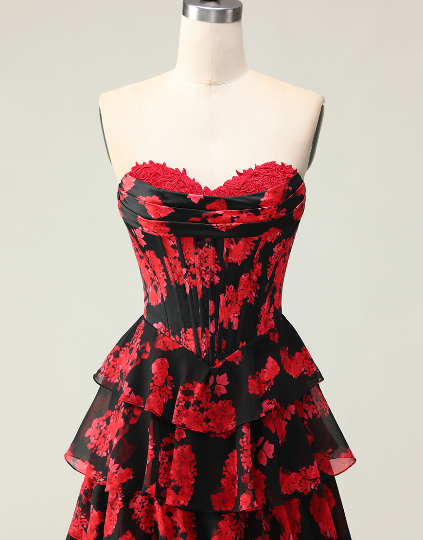 Black and Red Floral Strapless Corset Ruffled Long Prom Dress with Slit