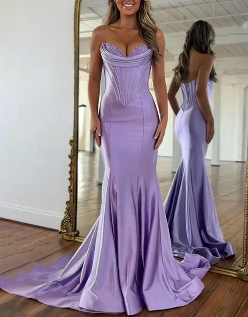 Purple Mermaid Sweetheart Long Satin Corset Prom Dress