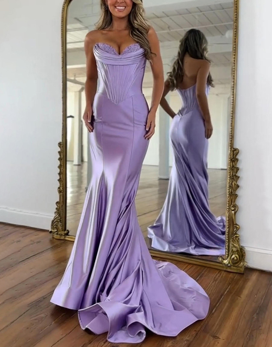 Purple Mermaid Sweetheart Long Satin Corset Prom Dress