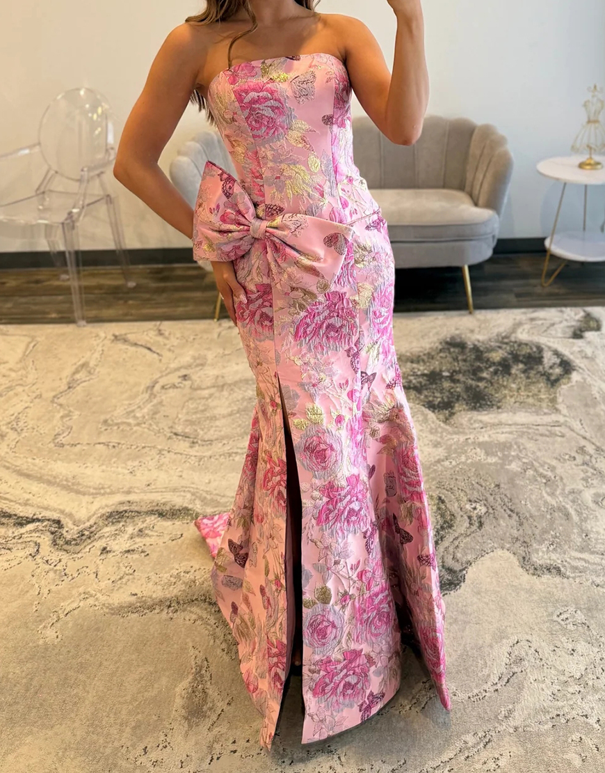 Purple Mermaid Strapless Long Floral Prom Dress with Slit