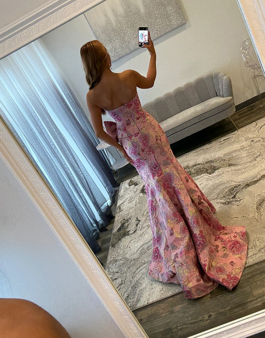 Purple Mermaid Strapless Long Floral Prom Dress with Slit