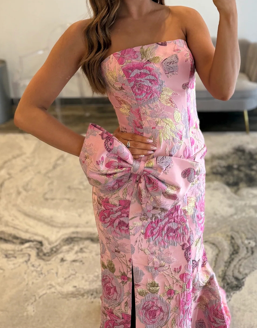 Purple Mermaid Strapless Long Floral Prom Dress with Slit