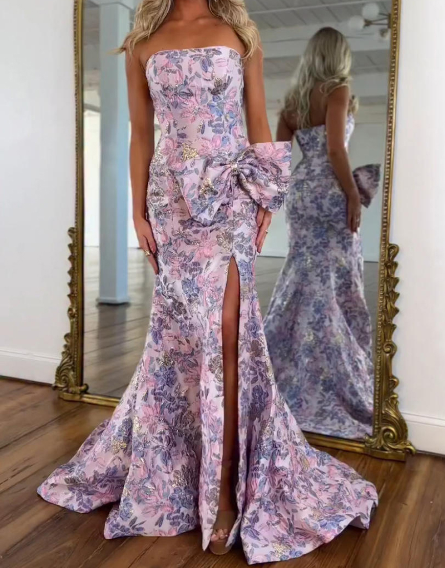 Purple Mermaid Strapless Long Floral Prom Dress with Slit