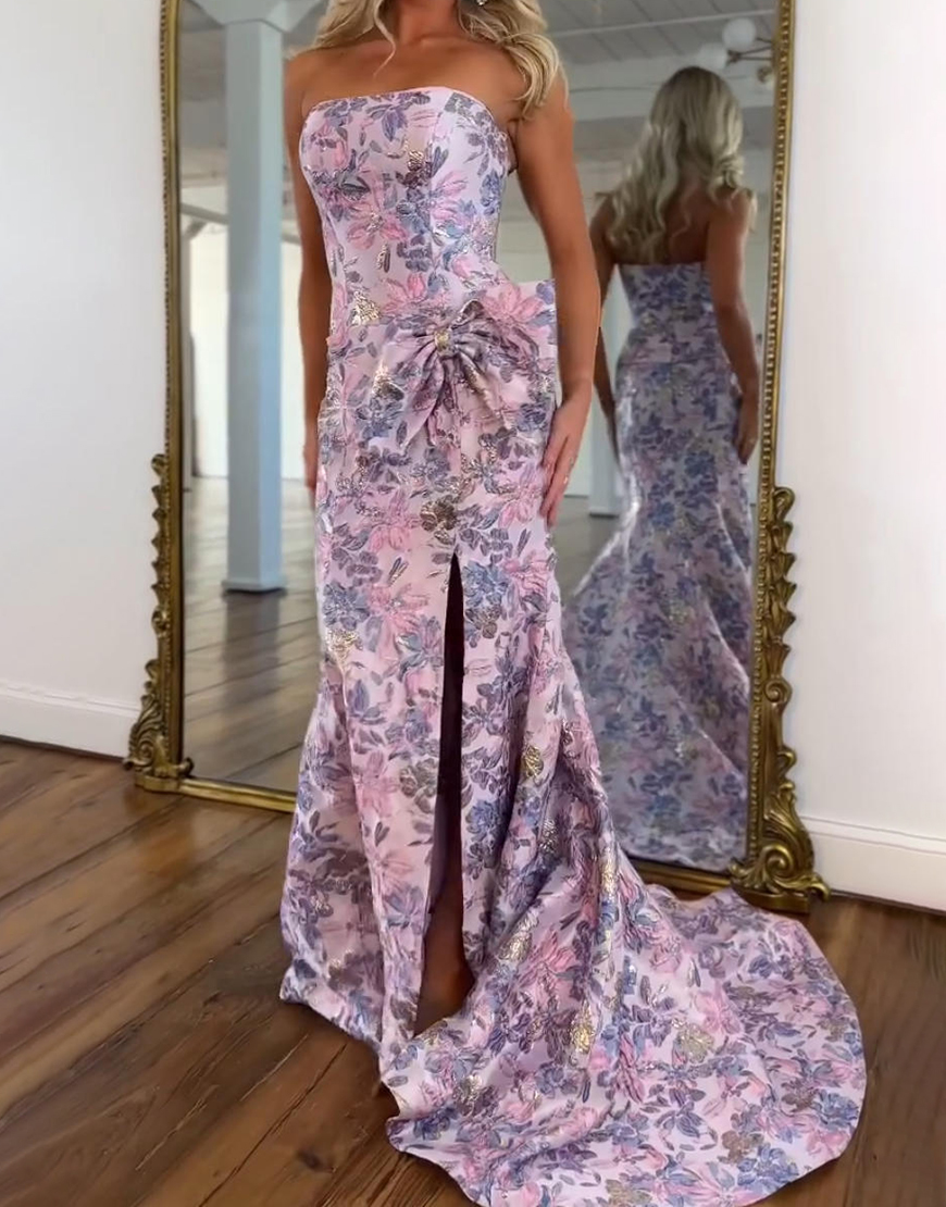 Purple Mermaid Strapless Long Floral Prom Dress with Slit
