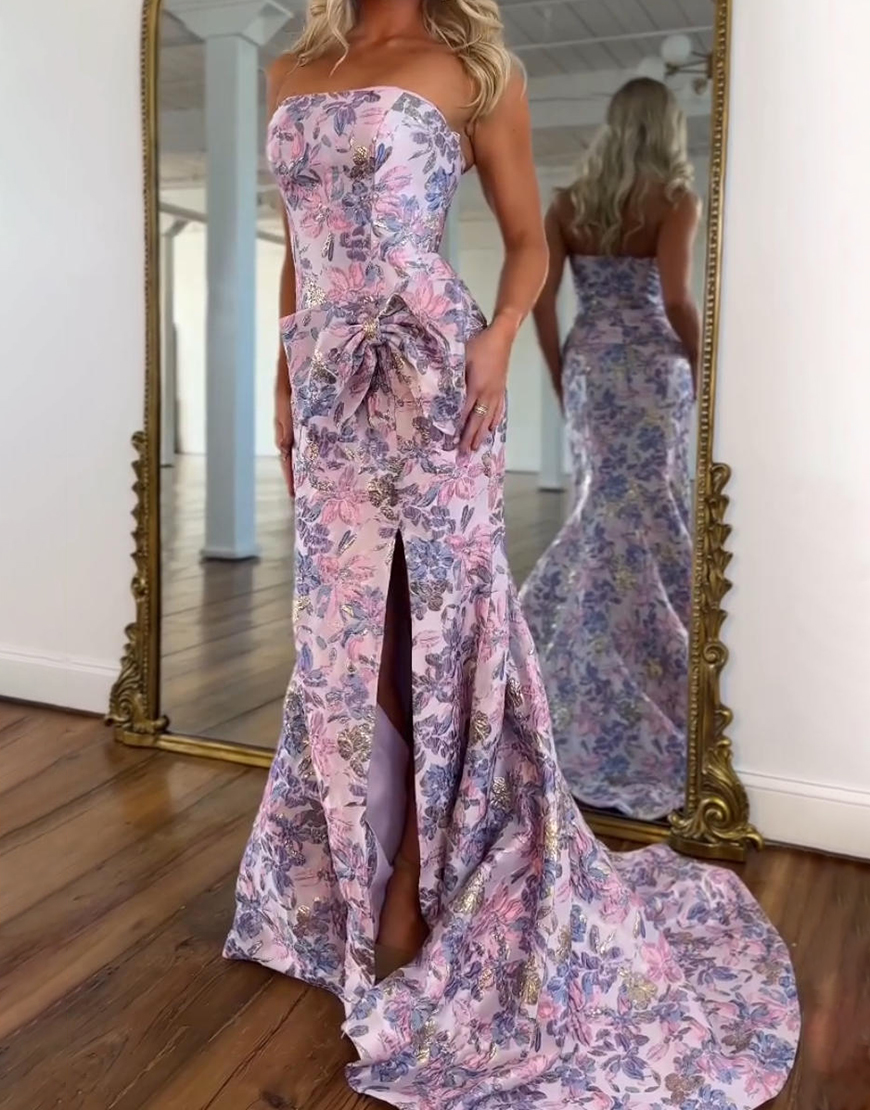 Purple Mermaid Strapless Long Floral Prom Dress with Slit