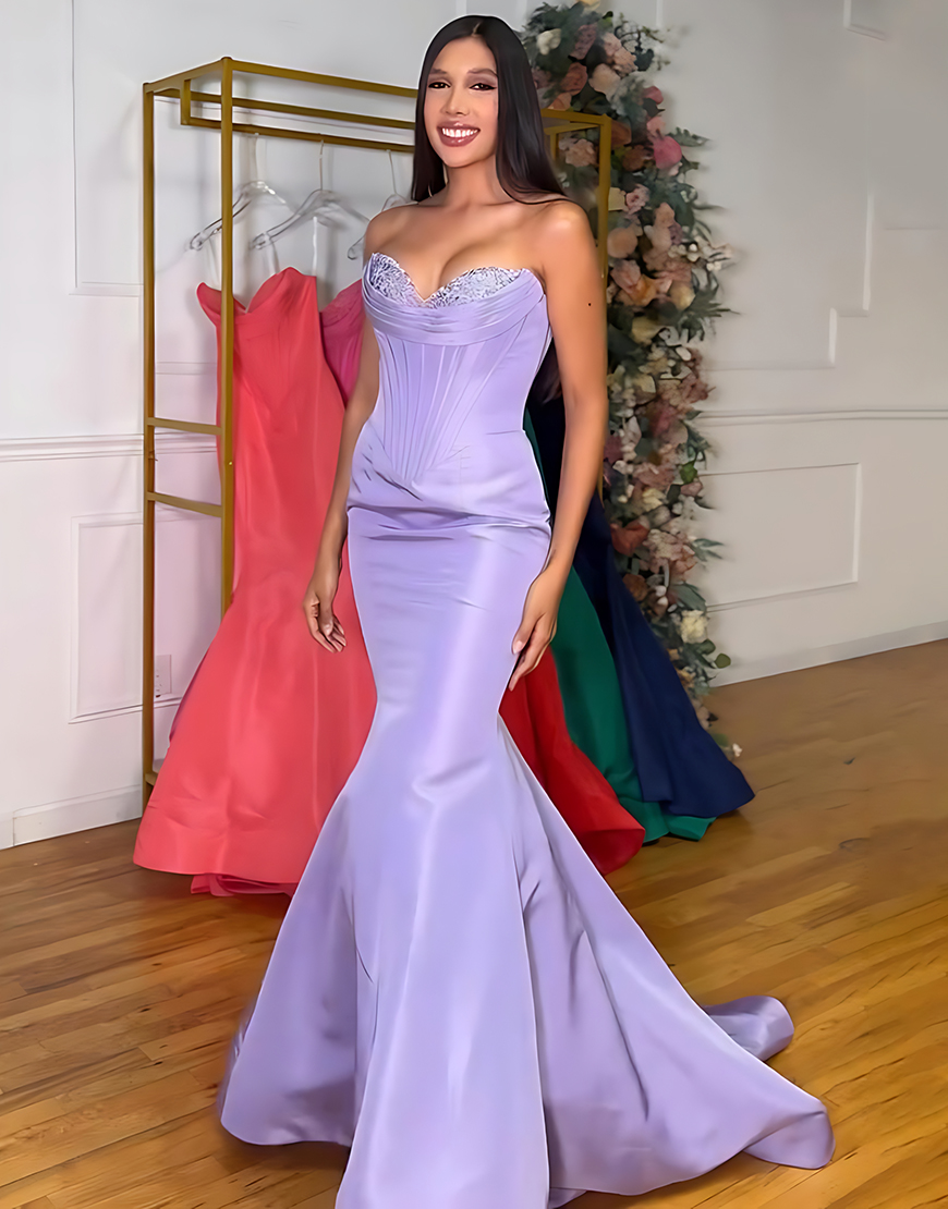 Purple Mermaid Sweetheart Long Satin Corset Prom Dress