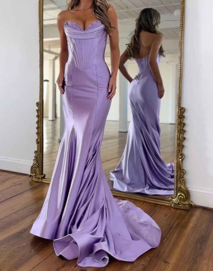 Purple Mermaid Sweetheart Long Satin Corset Prom Dress