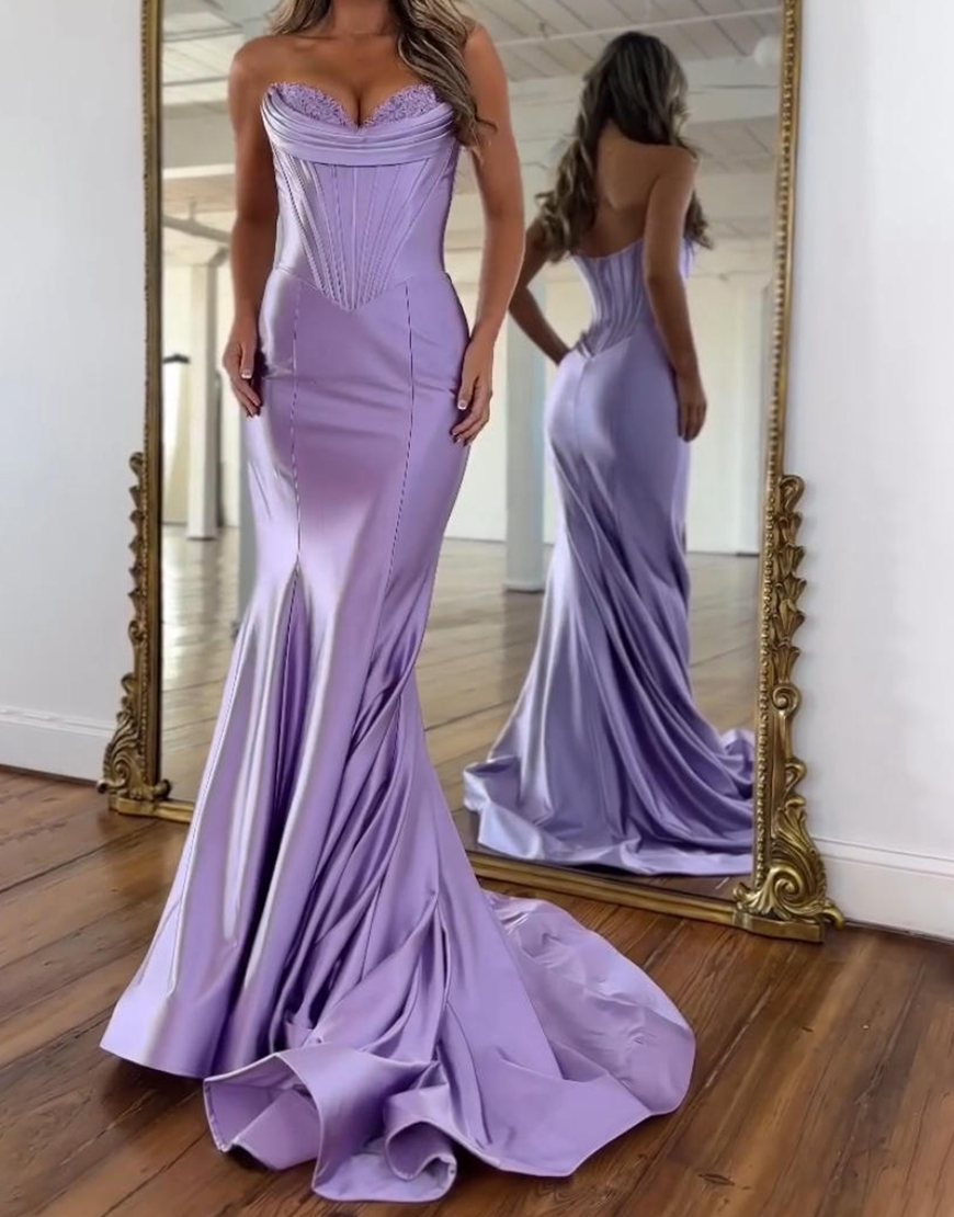 Purple Mermaid Sweetheart Long Satin Corset Prom Dress