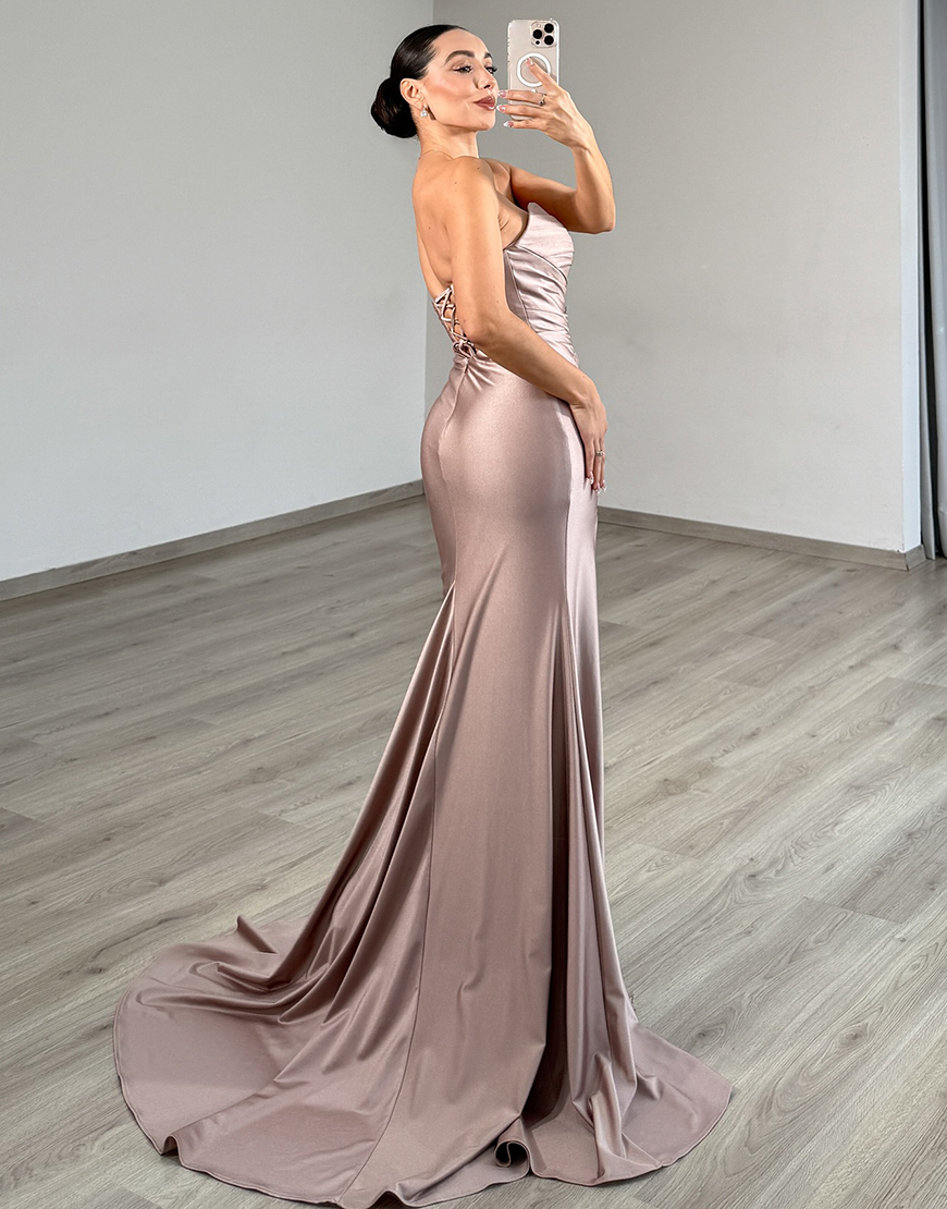 Sparkly Dusty Rose Mermaid Sweetheart Long Beaded Prom Dress with Slit