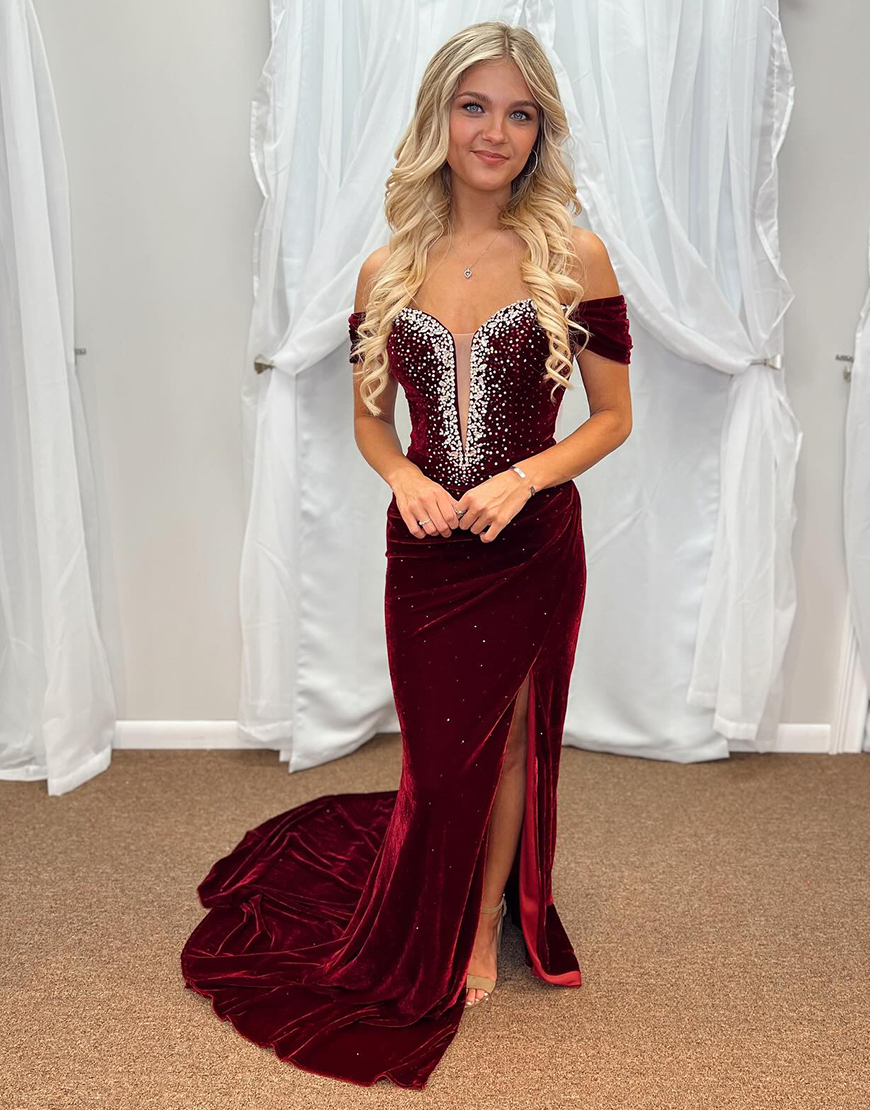 Sparkly Sheath Burgundy Off the Shoulder Beaded Velvet Long Prom Dress with Slit
