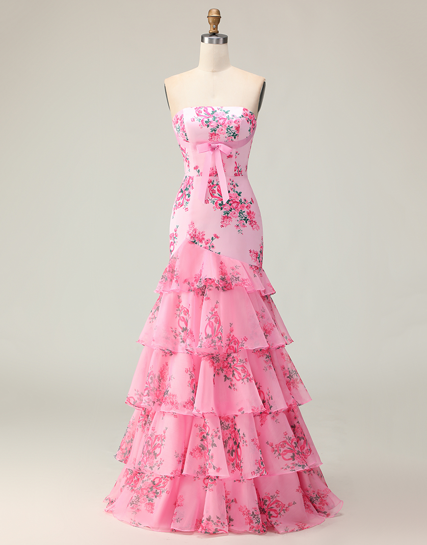 Blue and White Floral Ruffled Mermaid Strapless Long Prom Dress