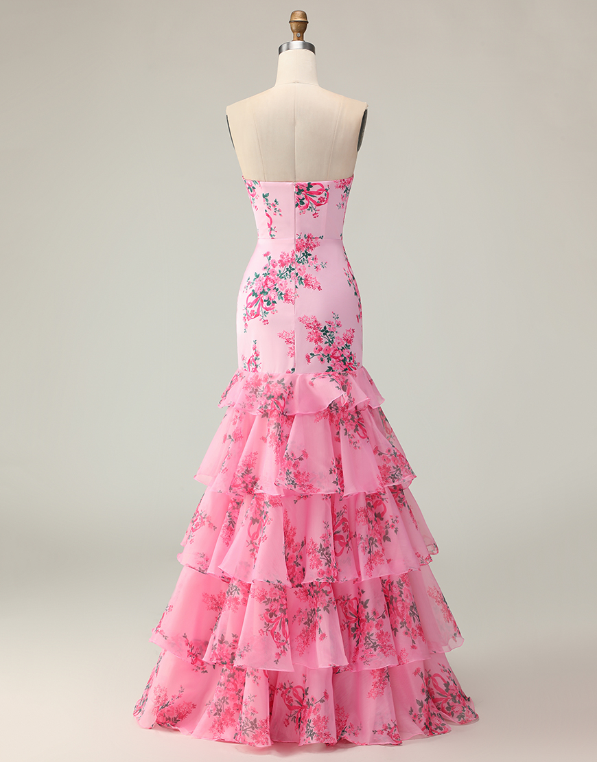 Blue and White Floral Ruffled Mermaid Strapless Long Prom Dress