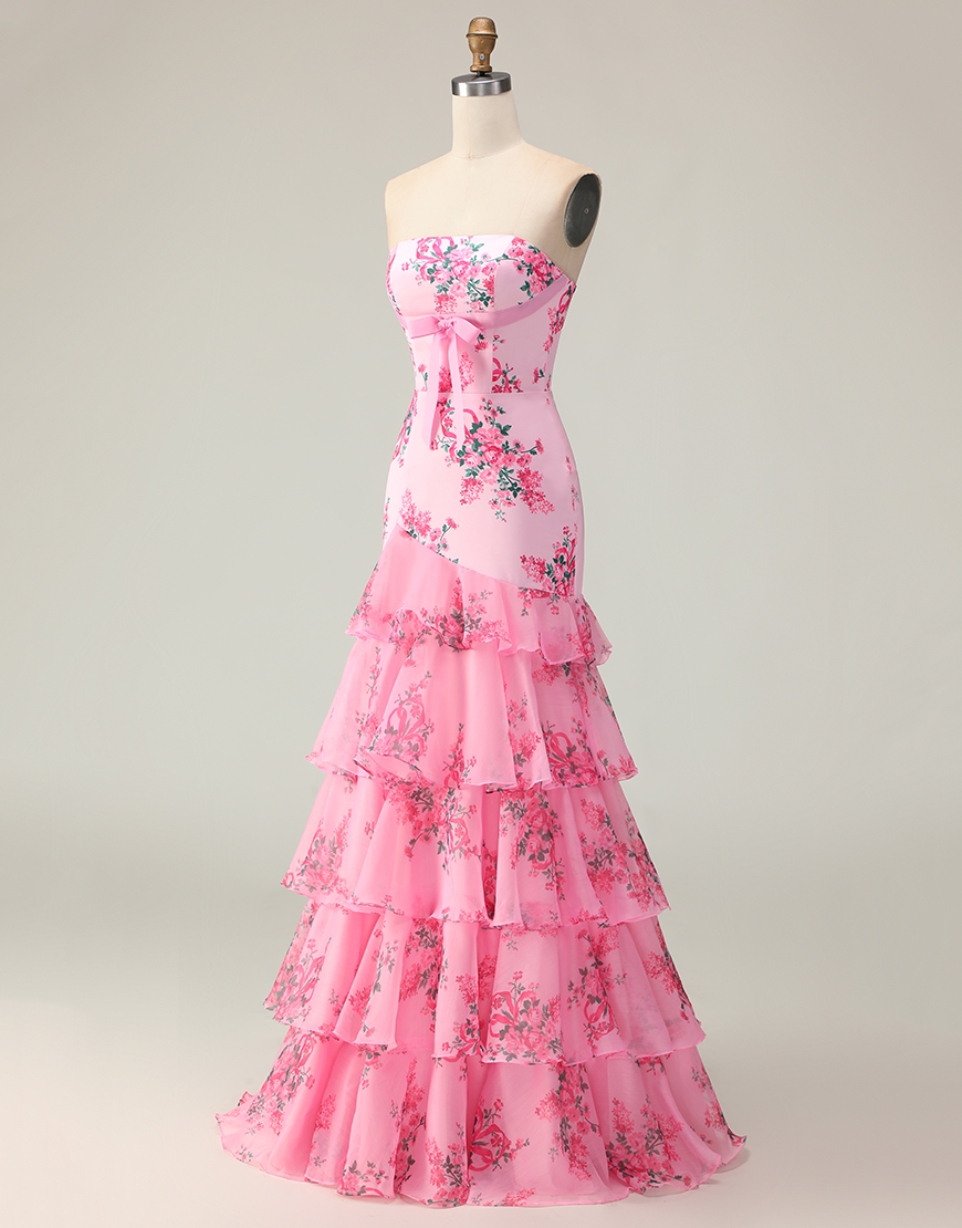 Blue and White Floral Ruffled Mermaid Strapless Long Prom Dress