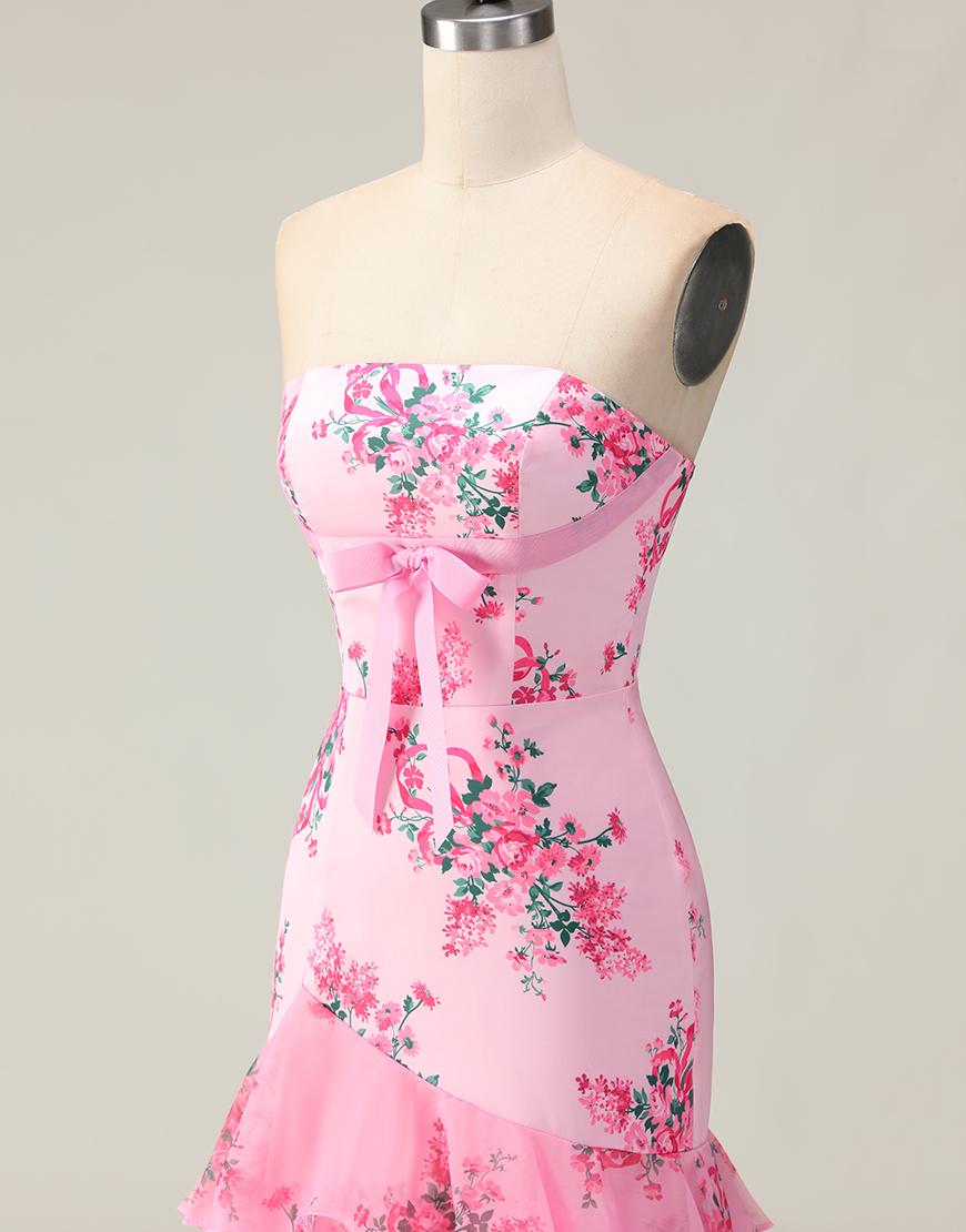 Blue and White Floral Ruffled Mermaid Strapless Long Prom Dress