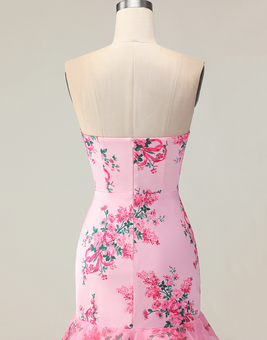 Blue and White Floral Ruffled Mermaid Strapless Long Prom Dress