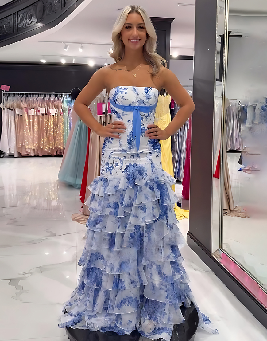 White Blue Flower Strapless Tiered Long Prom Dress with Ruffles