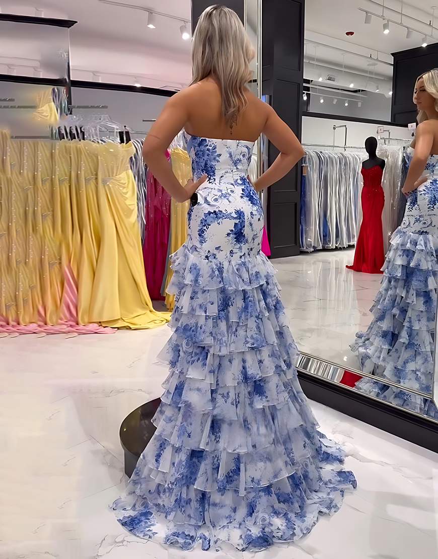 White Blue Flower Strapless Tiered Long Prom Dress with Ruffles