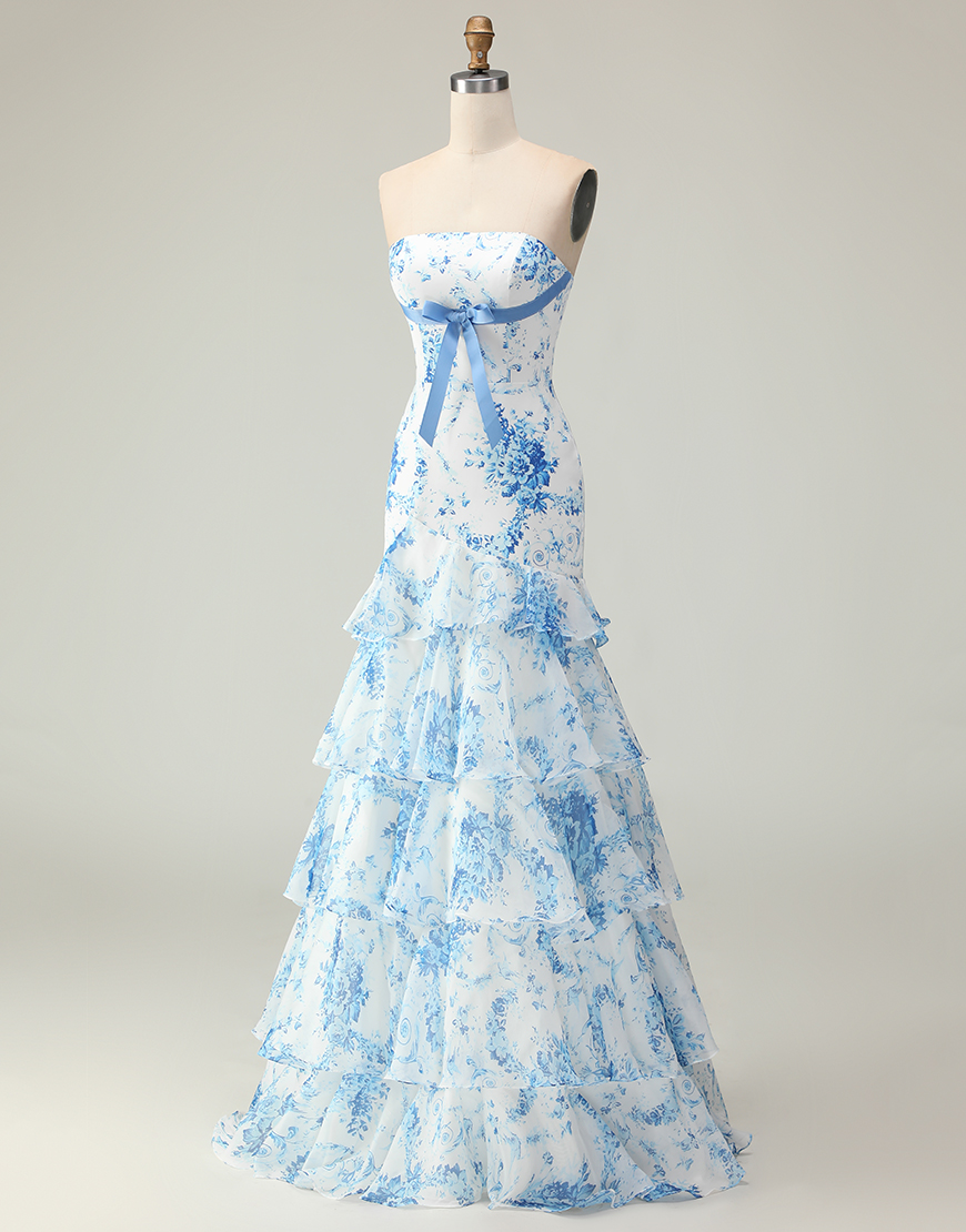 Blue and White Floral Ruffled Mermaid Strapless Long Prom Dress