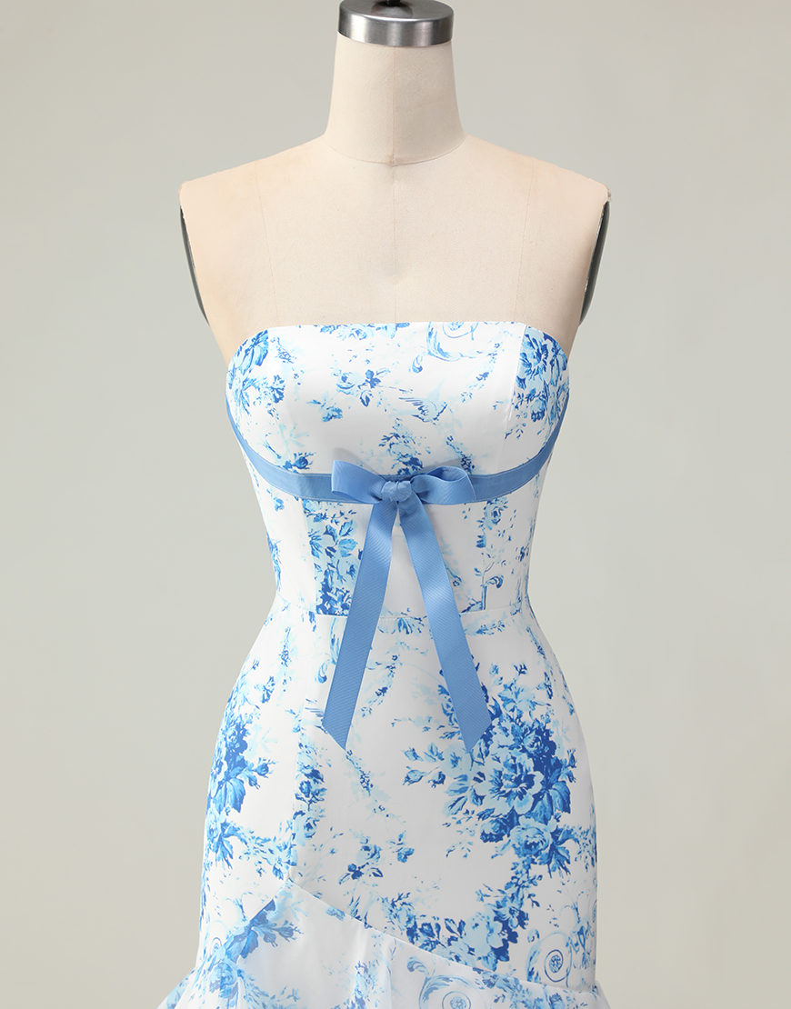 Blue and White Floral Ruffled Mermaid Strapless Long Prom Dress