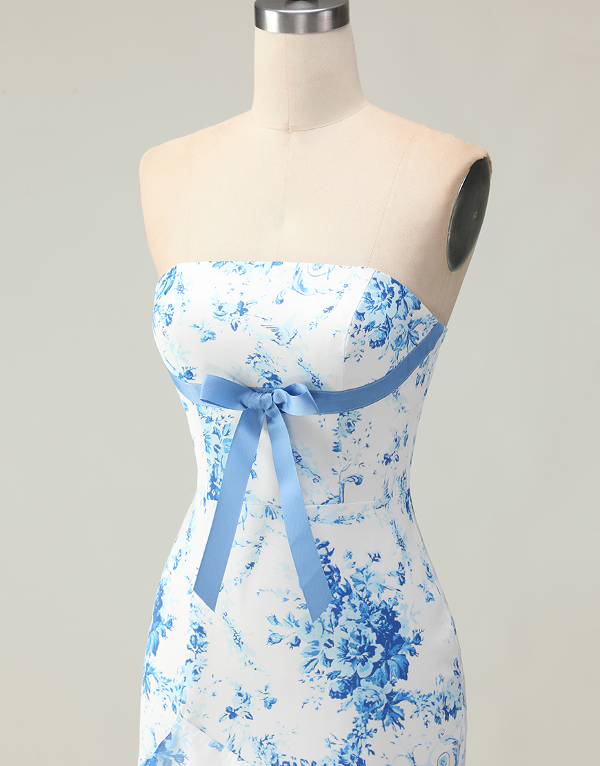 Blue and White Floral Ruffled Mermaid Strapless Long Prom Dress