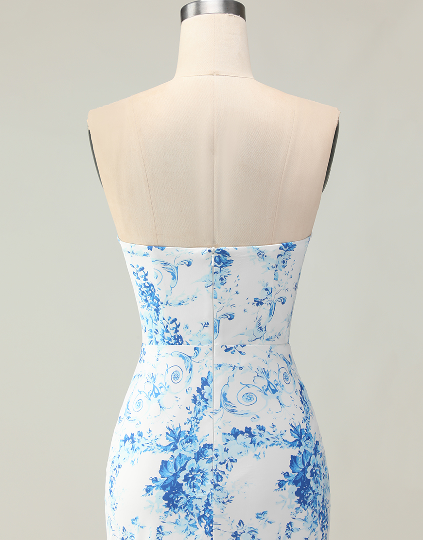 Blue and White Floral Ruffled Mermaid Strapless Long Prom Dress