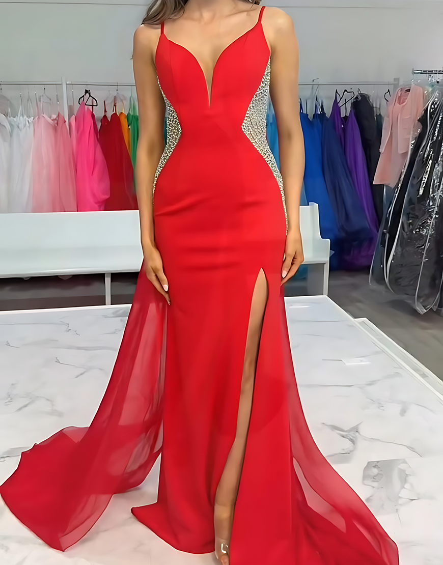 Sparkly Red Mermaid Detachable Train Satin Long Beaded Prom Dress with Slit