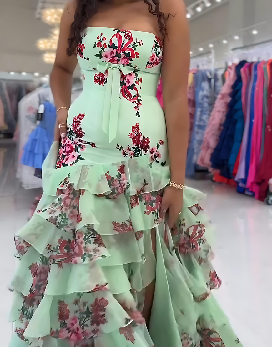Green Sheath Strapless Floral Tiered Long Prom Dress with Ruffles