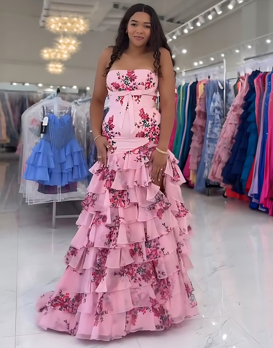 Green Sheath Strapless Floral Tiered Long Prom Dress with Ruffles