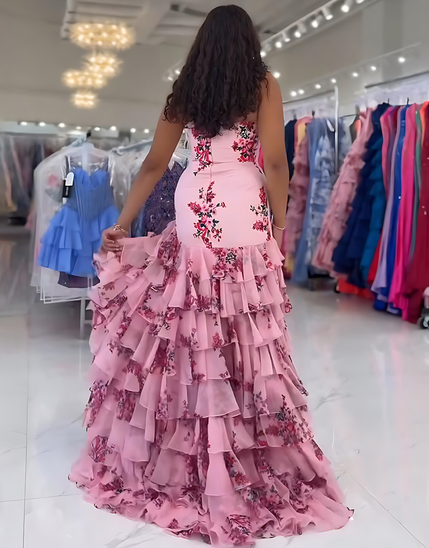 Green Sheath Strapless Floral Tiered Long Prom Dress with Ruffles