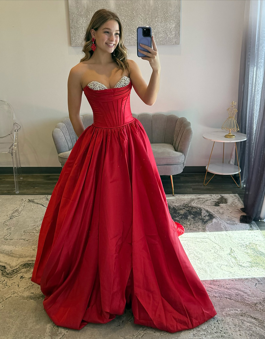 Sparkly Red Ball Gown Sweetheart Satin Beaded Corset Long Prom Dress