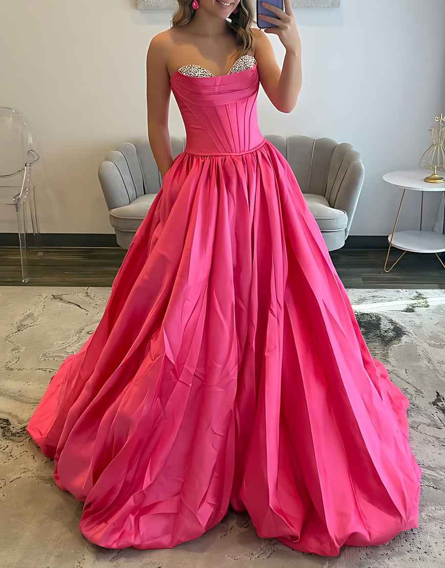 Sparkly Red Ball Gown Sweetheart Satin Beaded Corset Long Prom Dress