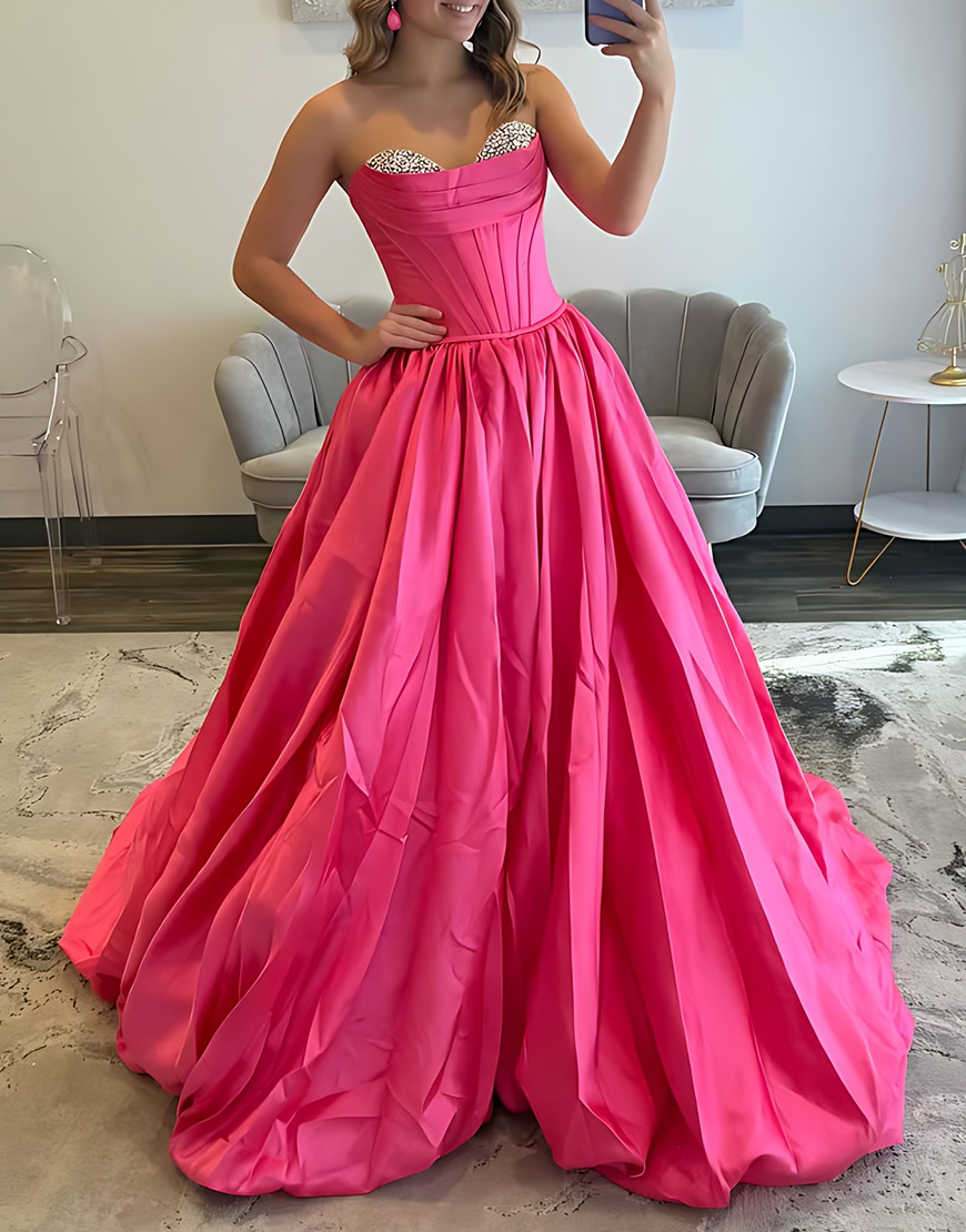 Sparkly Red Ball Gown Sweetheart Satin Beaded Corset Long Prom Dress