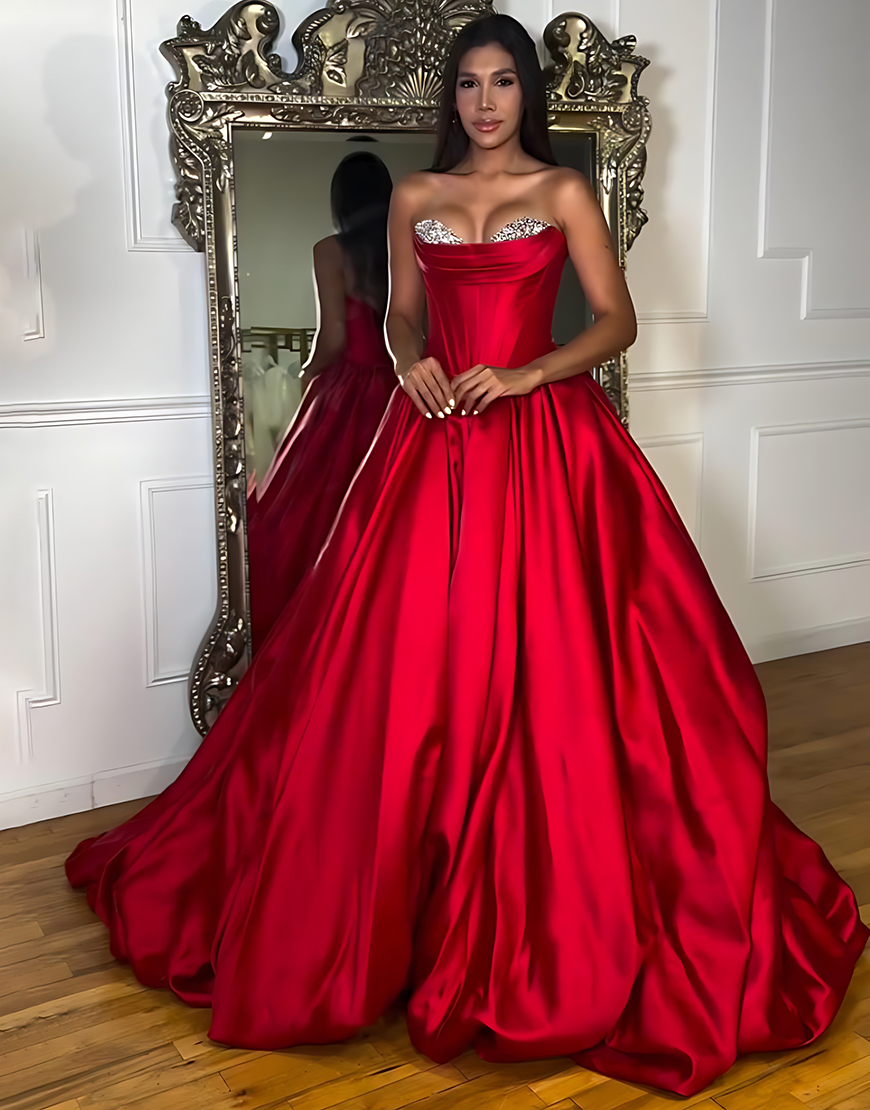 Berlinnova Women Sparkly Red Beaded Long Corset Prom Dress Ball Gown Sweetheart Satin Pageant Dress