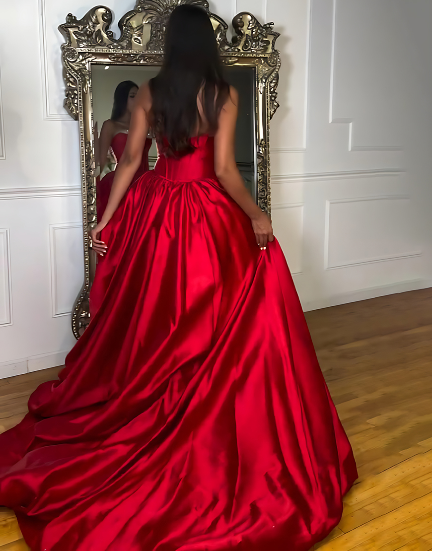 Sparkly Red Ball Gown Sweetheart Satin Beaded Corset Long Prom Dress