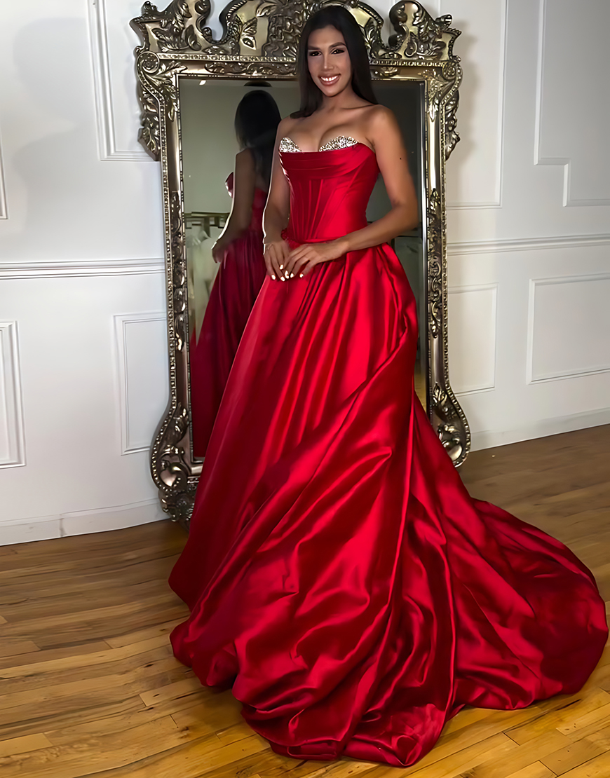 Sparkly Red Ball Gown Sweetheart Satin Beaded Corset Long Prom Dress