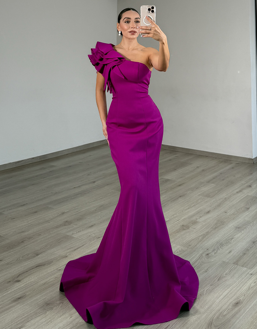 Dark Purple Mermaid One Shoulder Satin Long Prom Dress with Ruffles