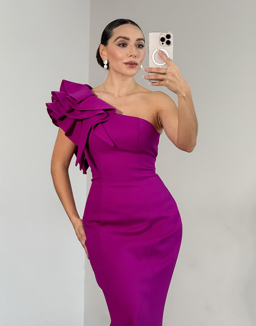 Dark Purple Mermaid One Shoulder Satin Long Prom Dress with Ruffles