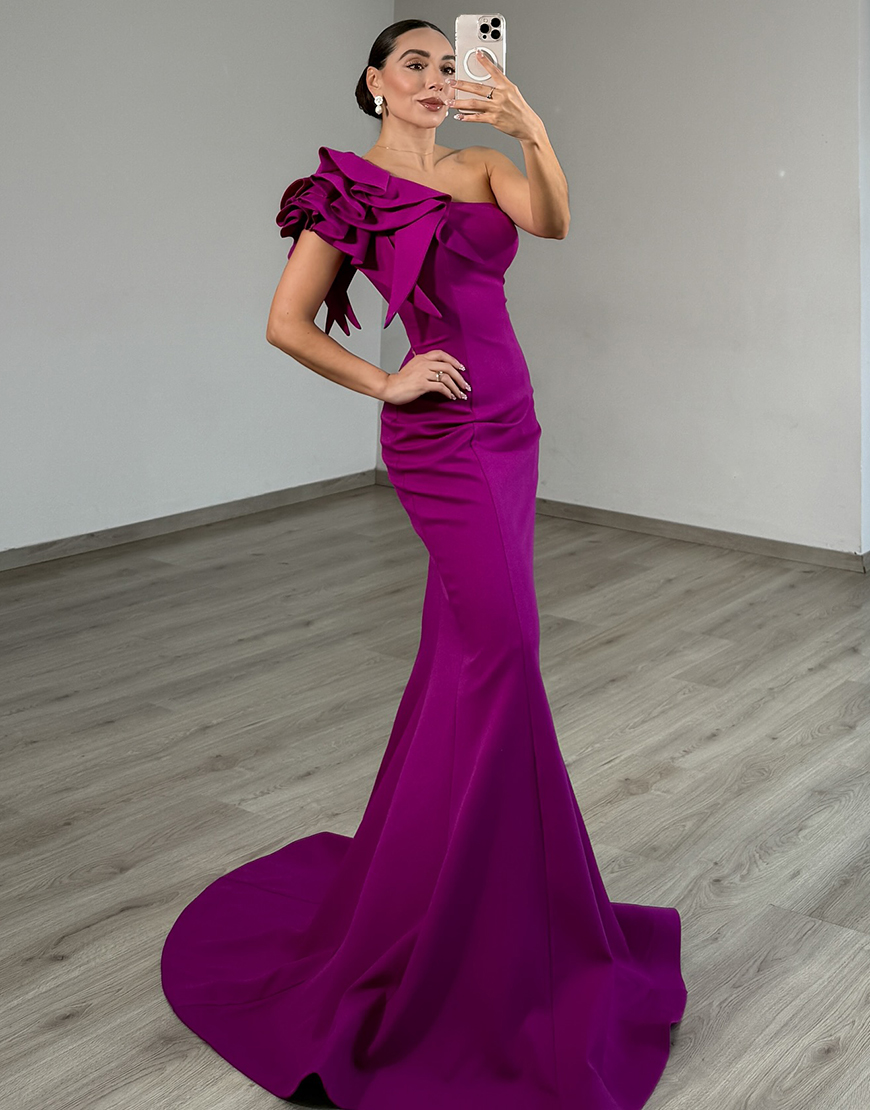 Dark Purple Mermaid One Shoulder Satin Long Prom Dress with Ruffles
