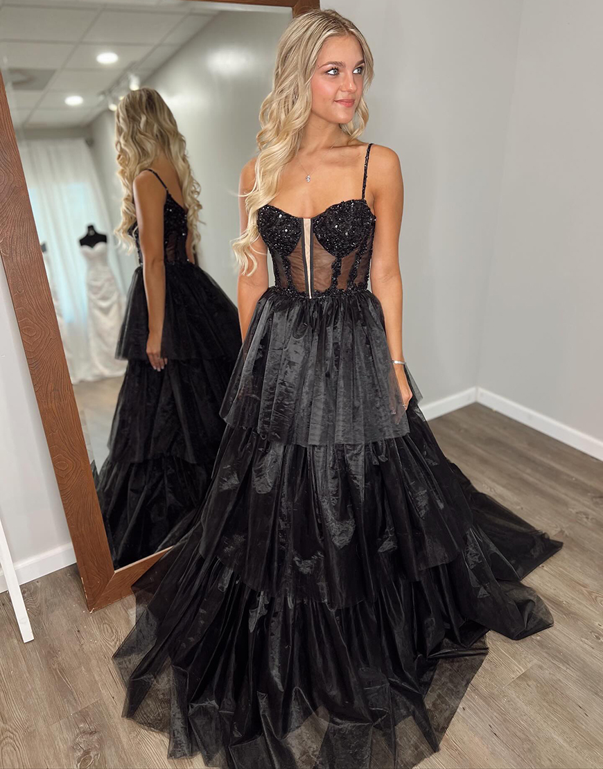 Sparkly A Line Black Spaghetti Straps Long Prom Dress with Ruffles