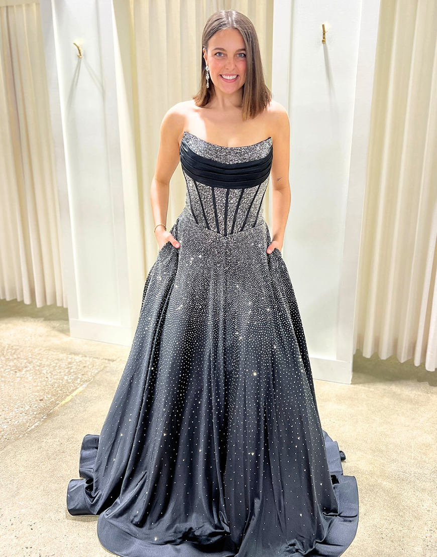 Sparkly Black A Line Strapless Beaded Long Corset Prom Dress