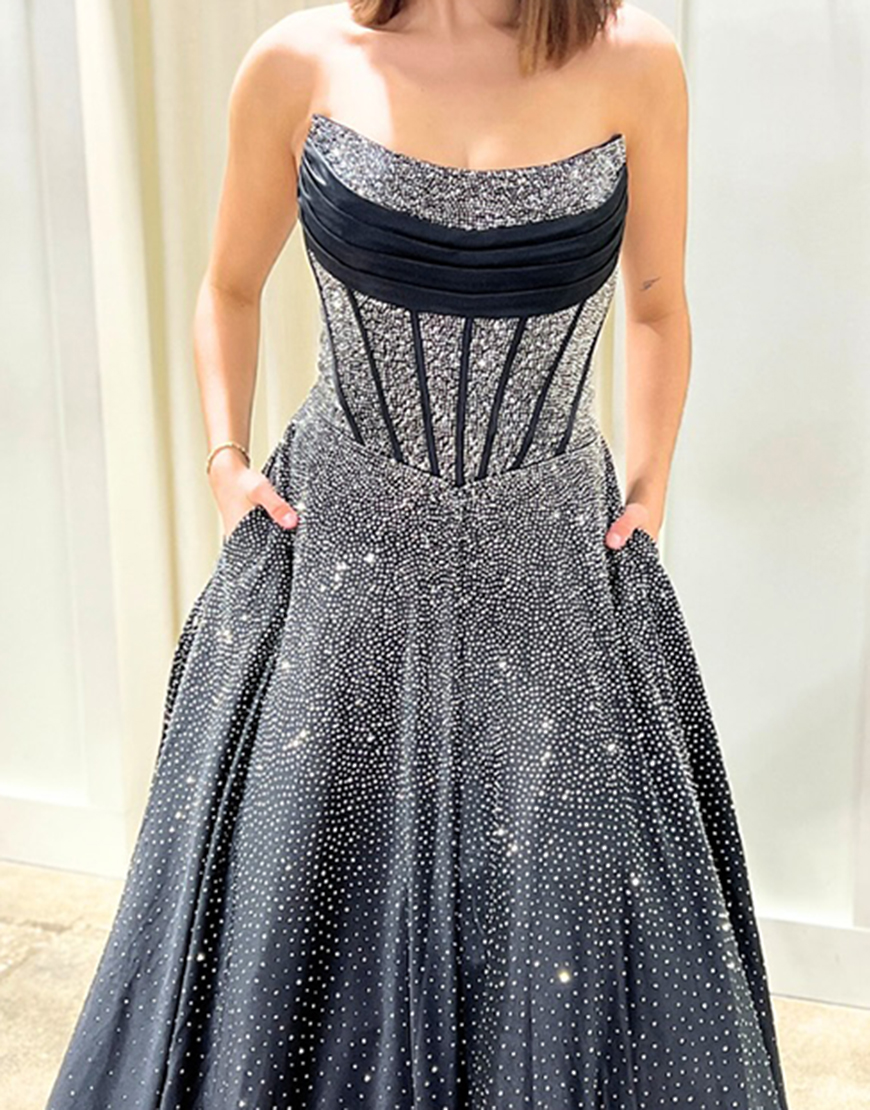 Sparkly Black A Line Strapless Beaded Long Corset Prom Dress