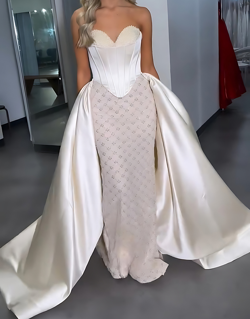 Berlinnova Women Sparkly White Satin Corset Long Prom Dress with Cape Mermaid Sweetheart Strapless Pageant Dress