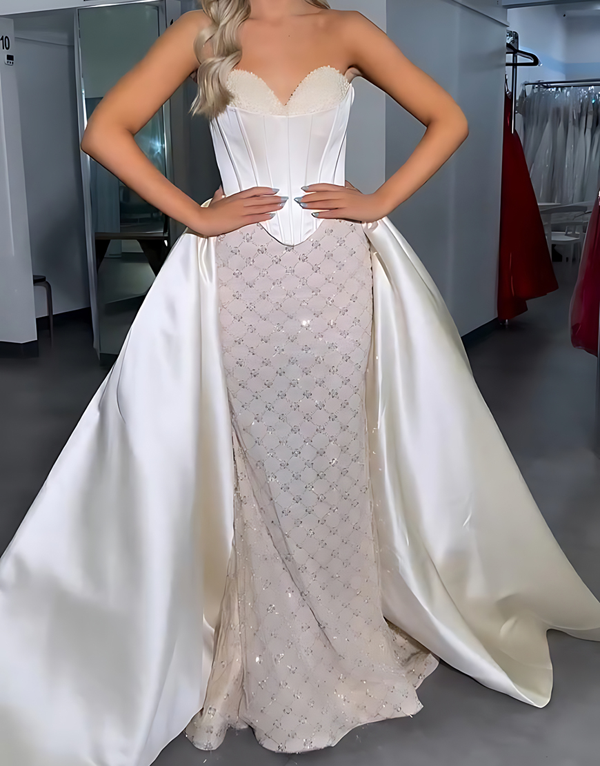 Sparkly White Mermaid Sweetheart Satin Long Corset Prom Dress with Cape
