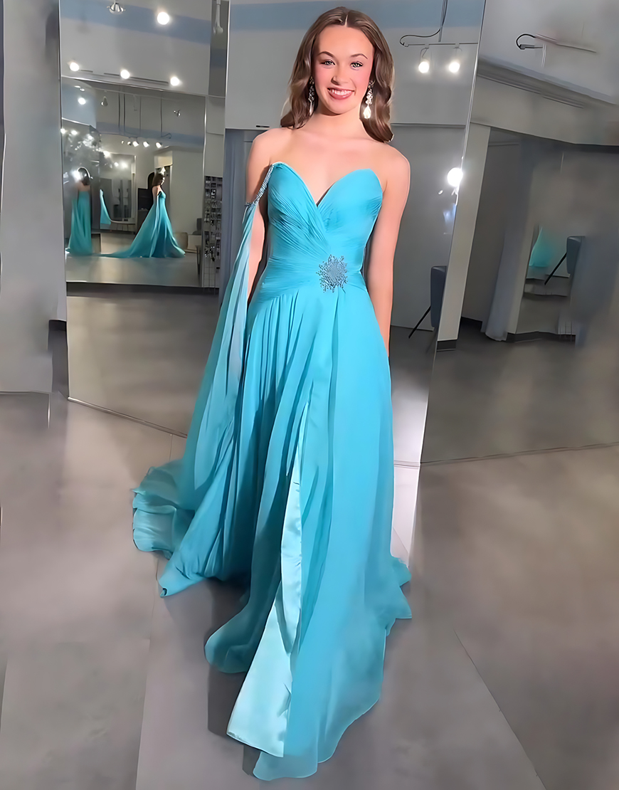 Blue Chiffon Sweetheart A Line Long Prom Dress with Side Cape