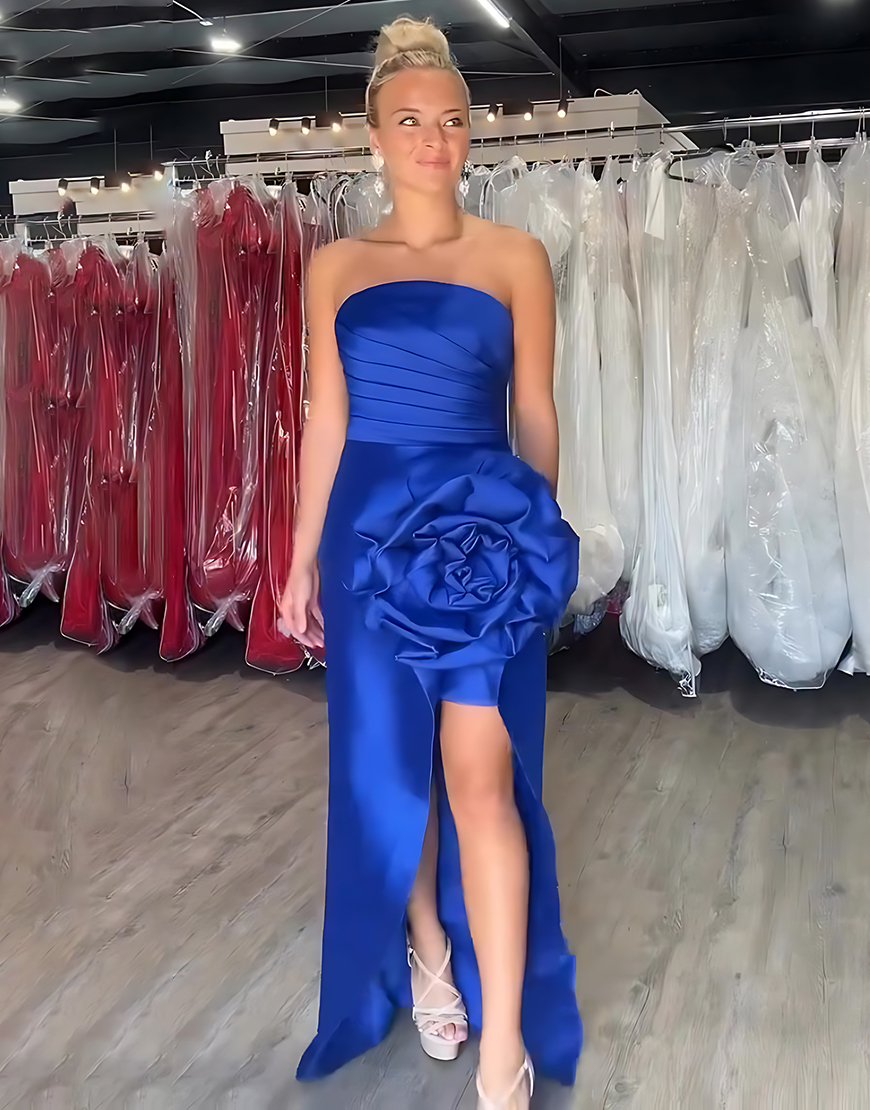 Royal Blue Sheath Strapless Satin Long Prom Dress with 3D Flower