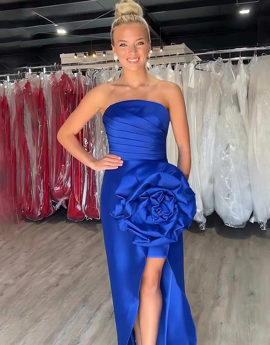 Royal Blue Sheath Strapless Satin Long Prom Dress with 3D Flower