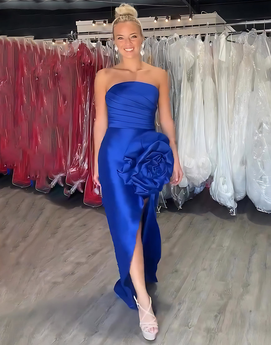 Royal Blue Sheath Strapless Satin Long Prom Dress with 3D Flower