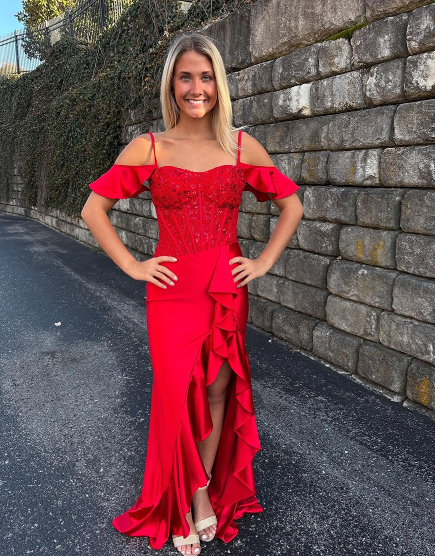 Sparkly Red Corset Mermaid Beaded Ruffled Long Prom Dress with Slit